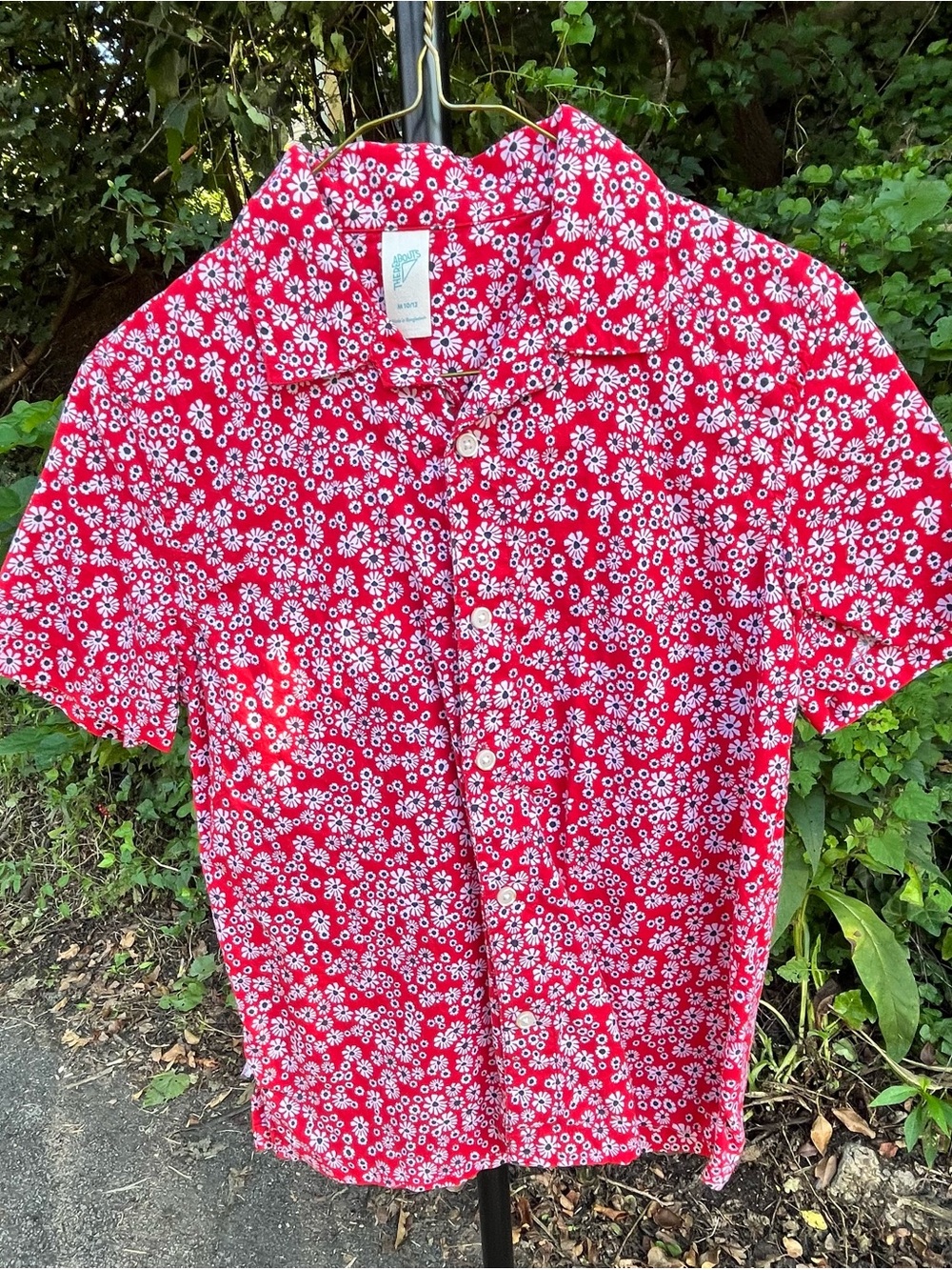 Red Daisy-Print Short-Sleeve Button-Down Shirt